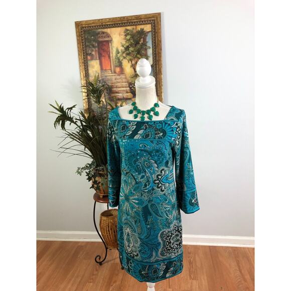 Allison Brittney Dresses & Skirts - Allison Brittney Shift Dress Womens Medium Blue Paisley Square Neck Stretch